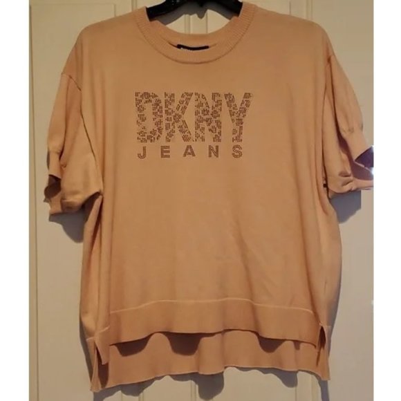 Womens DKNY Jeans Short Sleeve Sweater Size 1X 2X Peach Pink Micro Studs NWT - Picture 1 of 4
